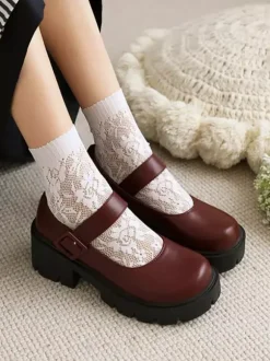 Academic Lolita Footwear Burgundy PU Leather Chunky Heel Lolita Pumps