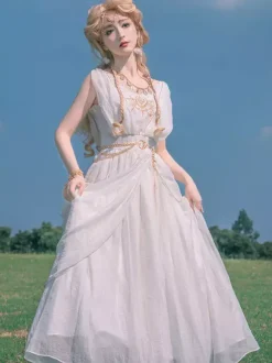 Academic Lolita Outfits White Embroidered Sleeveless Dress Cloak Accessory