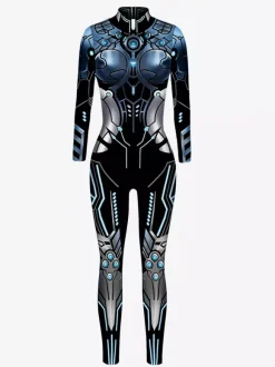 Adult Cyberpunk Zentai Robot Illusion Print Metallic Venice Carnival Skin Suit