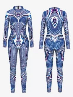 Adult Cyberpunk Zentai Robot Illusion Print Metallic Venice Carnival Skin Suit