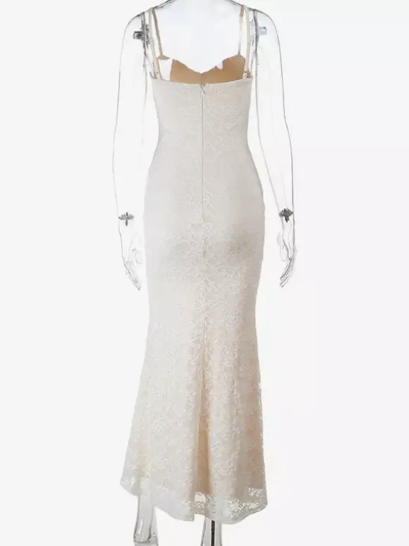 Aesthetic Lace Maxi Dress For Women - Apricot Ruched Bodycon Gown - Summer Wedding Guest Party Wear 2026