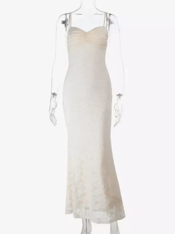 Aesthetic Lace Maxi Dress For Women - Apricot Ruched Bodycon Gown - Summer Wedding Guest Party Wear 2026