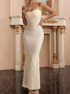 Aesthetic Lace Maxi Dress For Women - Apricot Ruched Bodycon Gown - Summer Wedding Guest Party Wear 2026