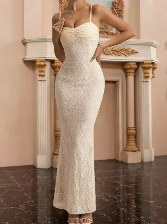 Aesthetic Lace Maxi Dress For Women - Apricot Ruched Bodycon Gown - Summer Wedding Guest Party Wear 2026