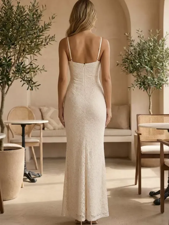 Aesthetic Lace Maxi Dress For Women - Apricot Ruched Bodycon Gown - Summer Wedding Guest Party Wear 2026