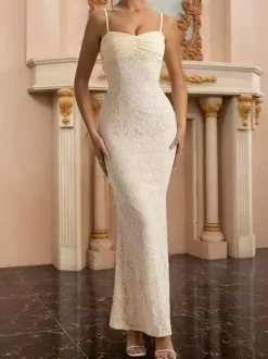 Aesthetic Lace Maxi Dress For Women - Apricot Ruched Bodycon Gown - Summer Wedding Guest Party Wear 2026