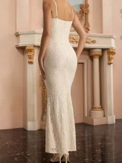 Aesthetic Lace Maxi Dress For Women - Apricot Ruched Bodycon Gown - Summer Wedding Guest Party Wear 2026