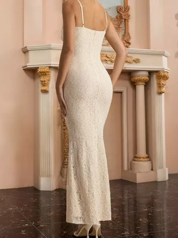 Aesthetic Lace Maxi Dress For Women - Apricot Ruched Bodycon Gown - Summer Wedding Guest Party Wear 2026