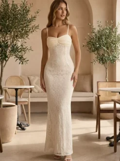 Aesthetic Lace Maxi Dress For Women - Apricot Ruched Bodycon Gown - Summer Wedding Guest Party Wear 2026