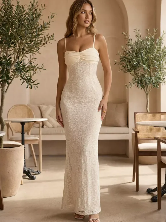 Aesthetic Lace Maxi Dress For Women - Apricot Ruched Bodycon Gown - Summer Wedding Guest Party Wear 2026