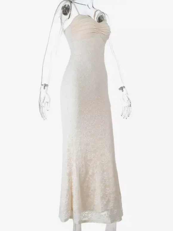 Aesthetic Lace Maxi Dress For Women - Apricot Ruched Bodycon Gown - Summer Wedding Guest Party Wear 2026