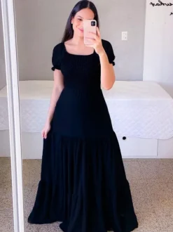 A-Line Dress Smocked Short Sleeves Tiered Ruffles Summer Maxi Dresses