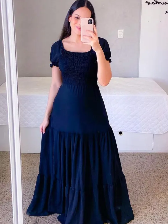 A-Line Dress Smocked Short Sleeves Tiered Ruffles Summer Maxi Dresses