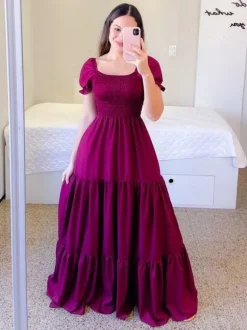 A-Line Dress Smocked Short Sleeves Tiered Ruffles Summer Maxi Dresses