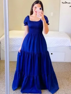 A-Line Dress Smocked Short Sleeves Tiered Ruffles Summer Maxi Dresses