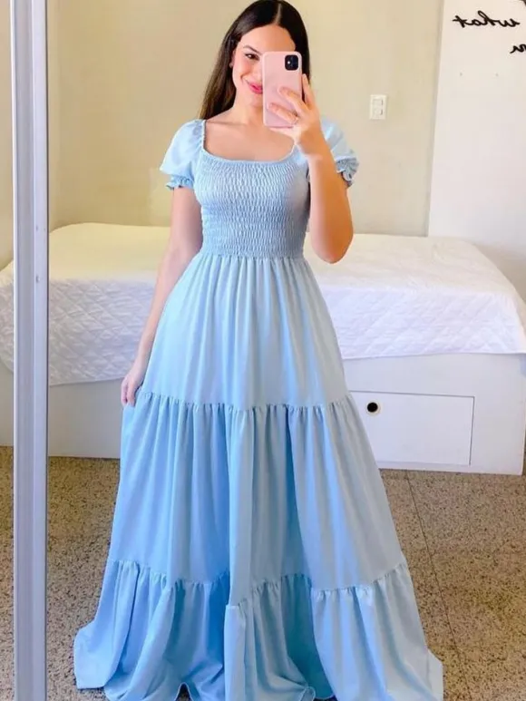 A-Line Dress Smocked Short Sleeves Tiered Ruffles Summer Maxi Dresses