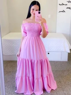A-Line Dress Smocked Short Sleeves Tiered Ruffles Summer Maxi Dresses