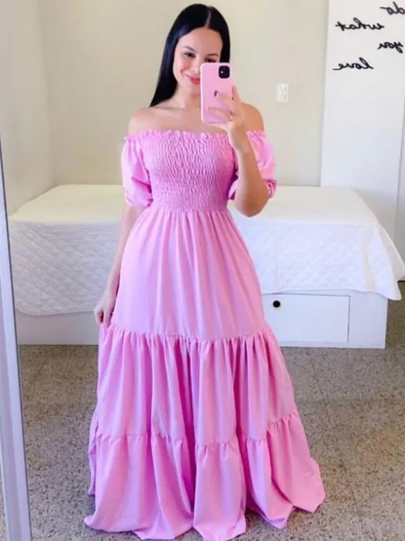 A-Line Dress Smocked Short Sleeves Tiered Ruffles Summer Maxi Dresses
