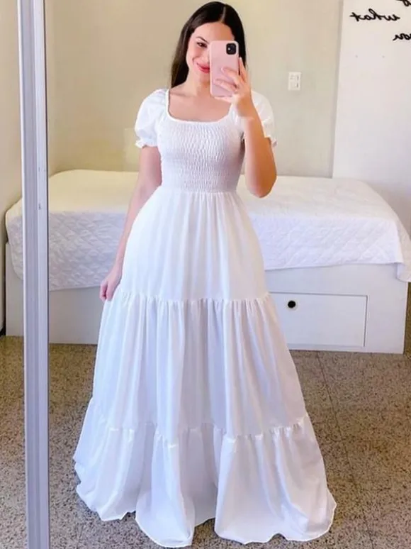 A-Line Dress Smocked Short Sleeves Tiered Ruffles Summer Maxi Dresses