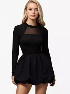 A-line Dress With Bubble Hem Mock Neck Long Sleeves Sheer Birthday Party Short Dress For Women 2026