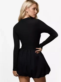 A-line Dress With Bubble Hem Mock Neck Long Sleeves Sheer Birthday Party Short Dress For Women 2026