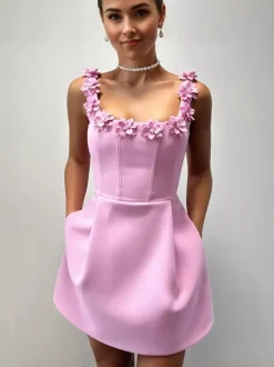 A-line Dress with Floral Embellishments No-sleeve Backless Birthday Party Mini Bud Dress For Women 2026