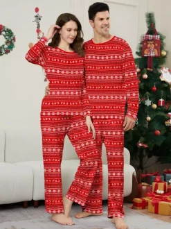 All Red White Fair Isle Print Family Christmas Pajamas Matching Set 2026