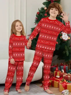 All Red White Fair Isle Print Family Christmas Pajamas Matching Set 2026