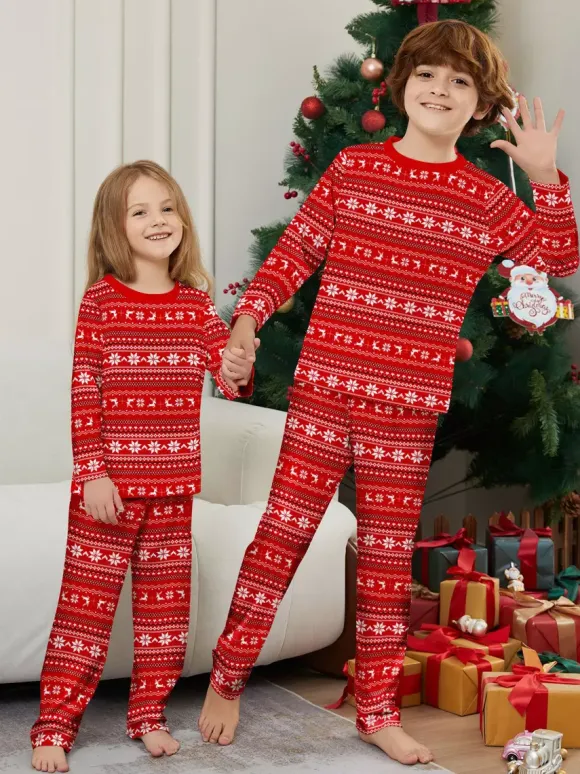 All Red White Fair Isle Print Family Christmas Pajamas Matching Set 2026