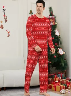 All Red White Fair Isle Print Family Christmas Pajamas Matching Set 2026
