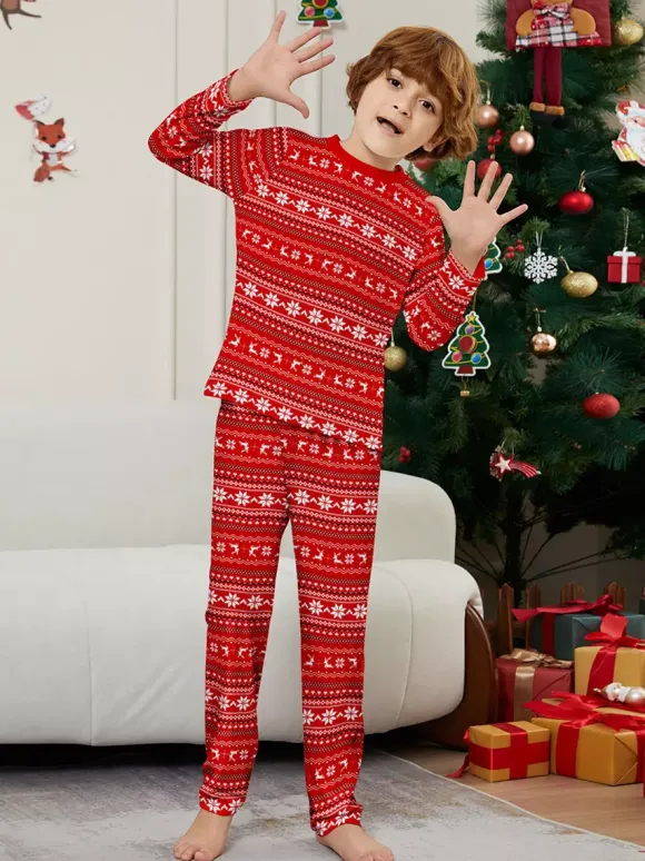 All Red White Fair Isle Print Family Christmas Pajamas Matching Set 2026