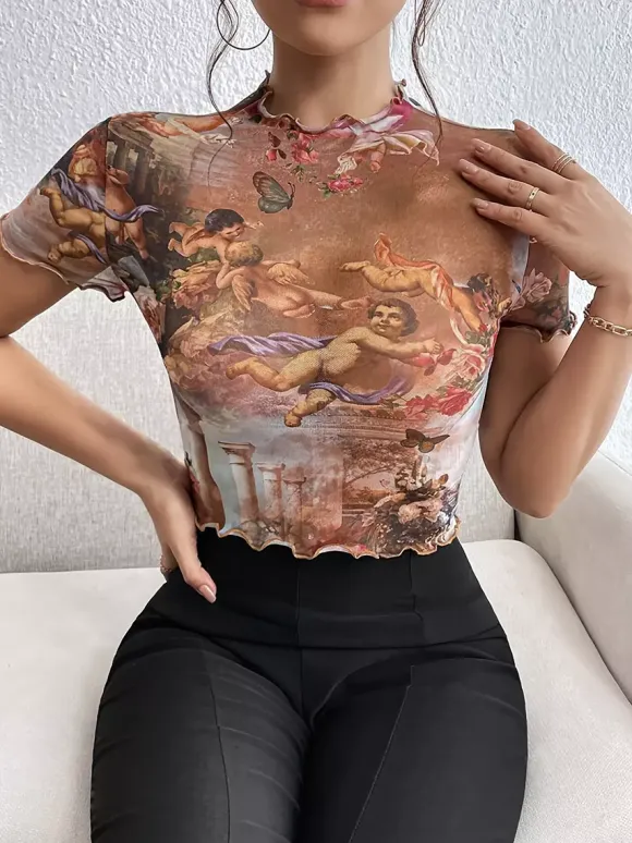 Angel Cupid Print Lettuce Trim Mesh Short Sleeve Slim Tee For Women 2026