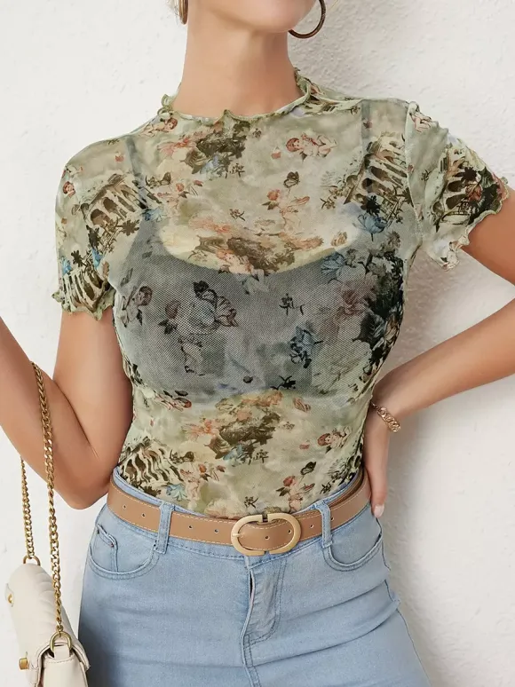Angel Cupid Print Lettuce Trim Mesh Short Sleeve Slim Tee For Women 2026