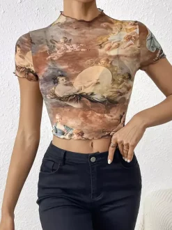 Angel Cupid Print Lettuce Trim Mesh Short Sleeve Slim Tee For Women 2026