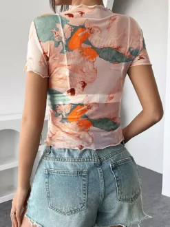 Angel Cupid Print Lettuce Trim Mesh Short Sleeve Slim Tee For Women 2026