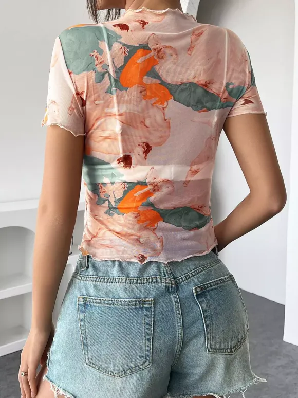 Angel Cupid Print Lettuce Trim Mesh Short Sleeve Slim Tee For Women 2026