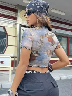 Angel Cupid Print Lettuce Trim Mesh Short Sleeve Slim Tee For Women 2026