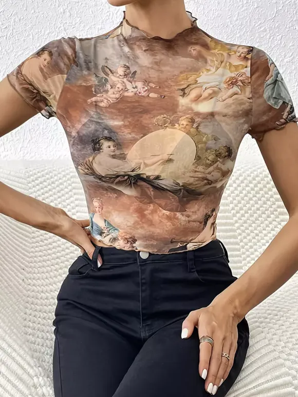 Angel Cupid Print Lettuce Trim Mesh Short Sleeve Slim Tee For Women 2026