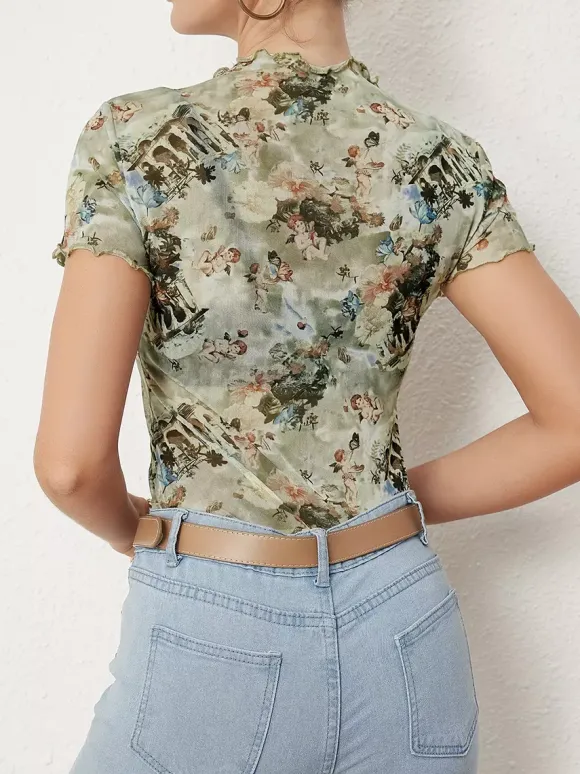 Angel Cupid Print Lettuce Trim Mesh Short Sleeve Slim Tee For Women 2026