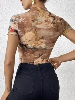 Angel Cupid Print Lettuce Trim Mesh Short Sleeve Slim Tee For Women 2026