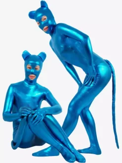 Animal Zentai Suits Blue Sexy Catwoman Shiny Metallic Catsuit Zentai