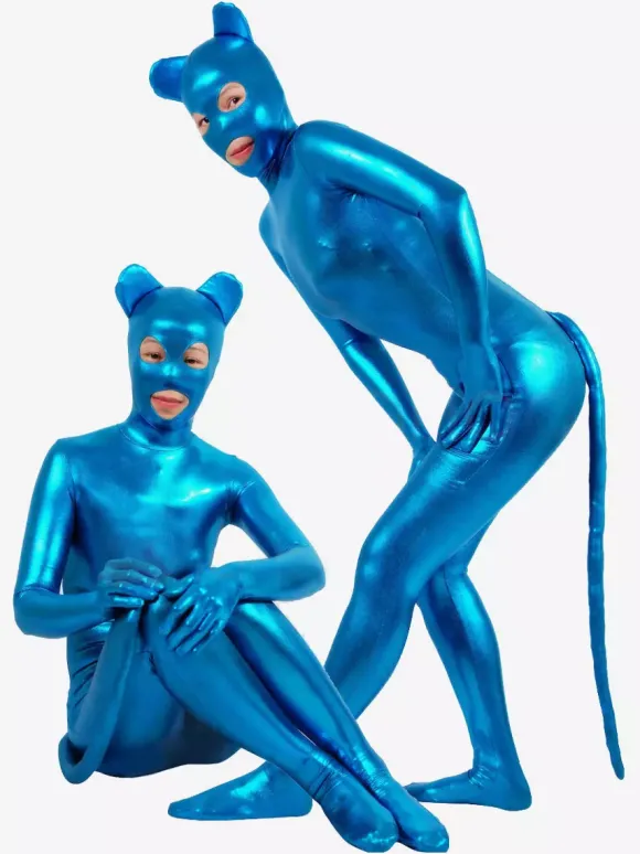 Animal Zentai Suits Blue Sexy Catwoman Shiny Metallic Catsuit Zentai