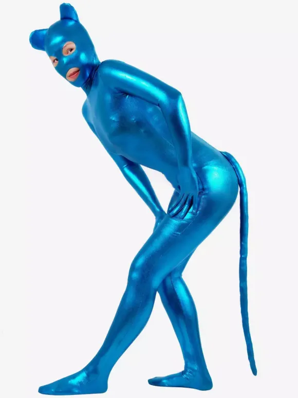 Animal Zentai Suits Blue Sexy Catwoman Shiny Metallic Catsuit Zentai