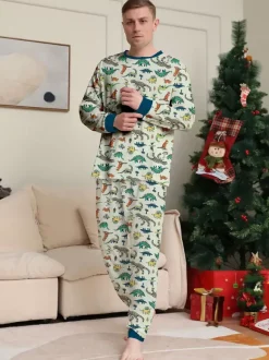 Animal Printed Pajamas Round Neck Long Sleeves Cuffs 2 Pieces Set