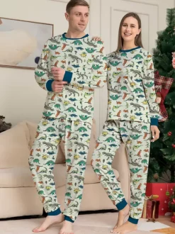 Animal Printed Pajamas Round Neck Long Sleeves Cuffs 2 Pieces Set
