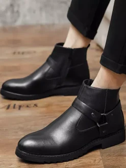 Ankle Boots For Men Burnished Toe Side Zip Harness Anti-slip Waterproof Shoes