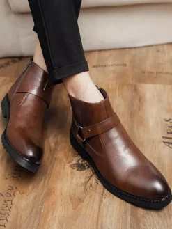 Ankle Boots For Men Burnished Toe Side Zip Harness Anti-slip Waterproof Shoes
