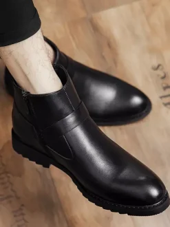 Ankle Boots For Men Burnished Toe Side Zip Harness Anti-slip Waterproof Shoes