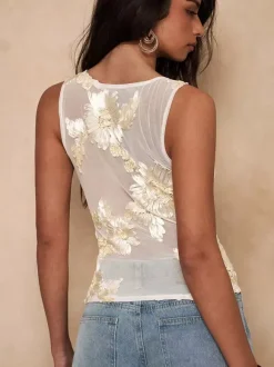 Apricot Cami Top Off-The-Shoulder Embroidered Tulle Casual Women Camis