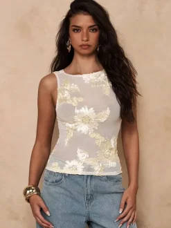 Apricot Cami Top Off-The-Shoulder Embroidered Tulle Casual Women Camis